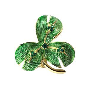 Vintage Irish Green Shamrock Brooch Pin Rhinestone Brushed Green Gold Tone